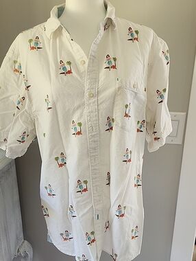 Tommy Bahama White Button-Down Hawaiian Shirt with Surf Girl & Palm Trees, LARGE